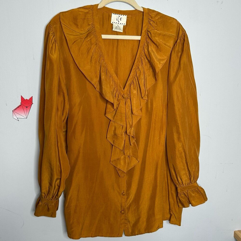 Vintage 1990s 100% Silk Long Sleeve Ruffle Poet Blouse Size Large